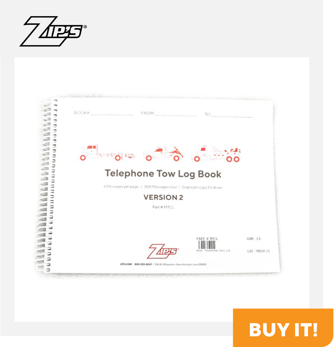 Zip's Telephone Tow Log Book